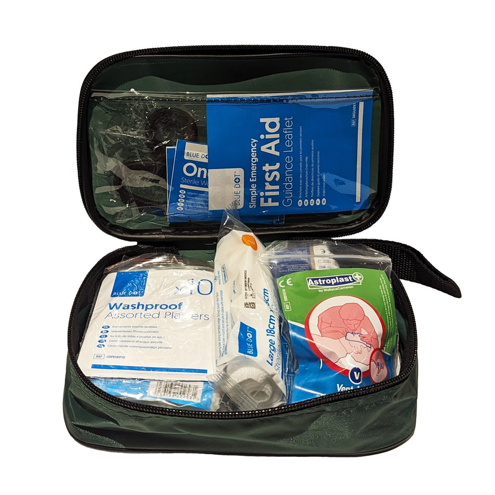 Affordable portable first aid kit for single person with zip closure and belt loop. HSE-compliant contents for off-site travel. Convenient and compact design for easy carrying.