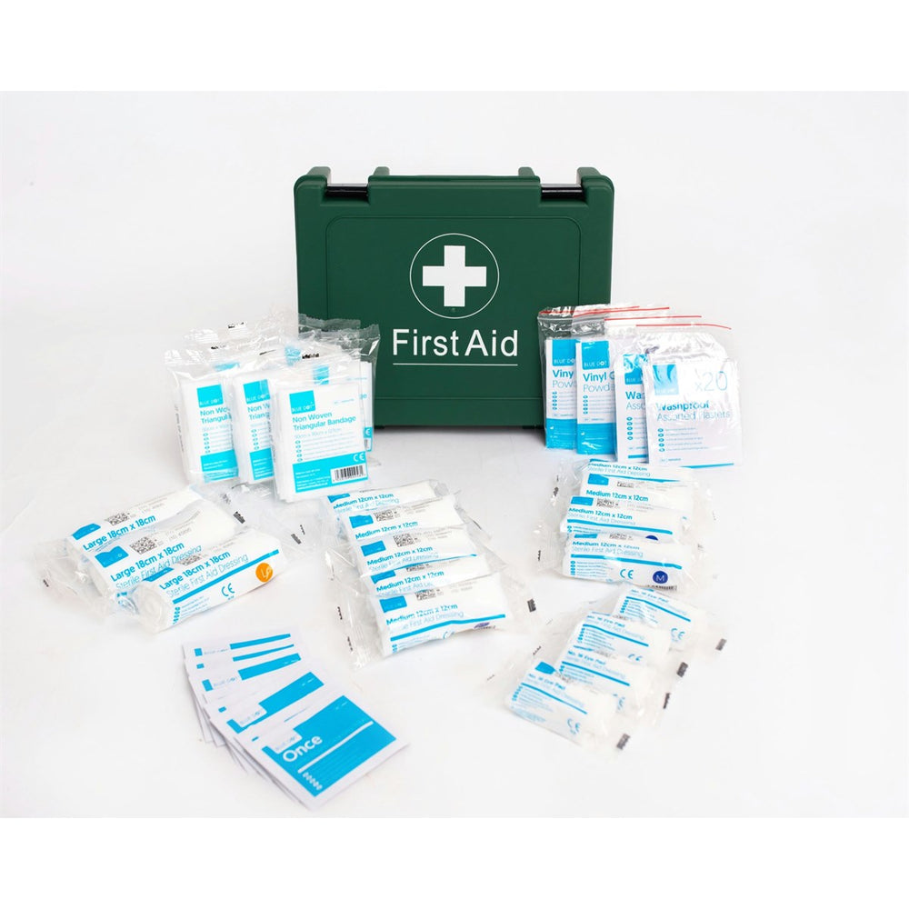 20-Person Workplace & Statutory HSE Compliant First Aid Kit in green casing. Ideal for low-medium risk areas: shops, small offices, warehouses. Includes plasters, adhesive tape, eye dressings. Street Solutions UK.