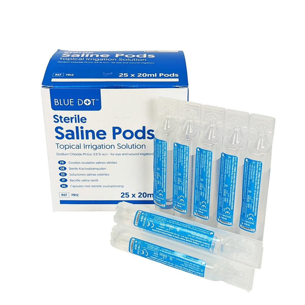 Safe non-toxic Sterile Solution (Sodium Chloride 0.9%W/V) for minor eye irritations. HSE approved replacement pods ideal for eye wash stations and first aid kits. 20ml pods, suitable for packing into kits or refilling eye pod stations.