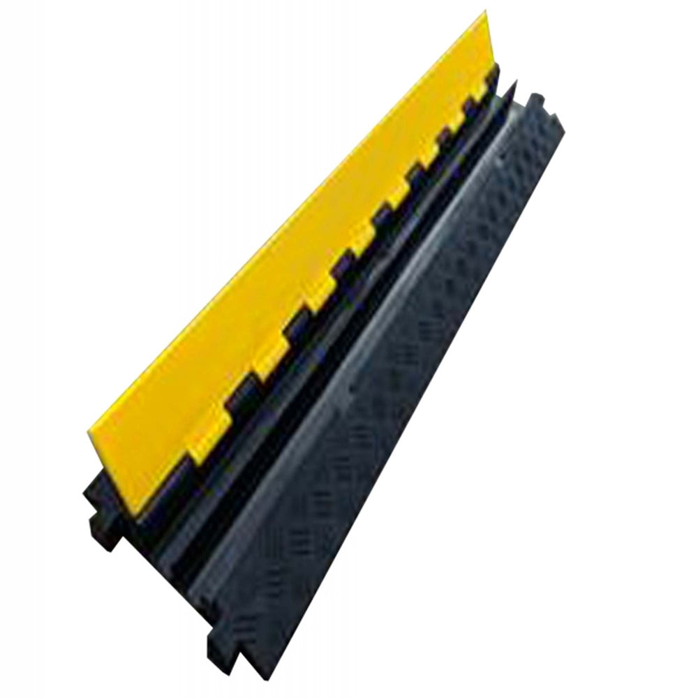 The ramp is complete with a yellow polypropylene lid that features an anti-slip surface for easy top loading of cables/hoses. The ramp elements can be easily attached to each other with interlocking tabs and are designed for temporary installation, making it ideal for use in road works, emergency works, and construction sites. It is recommended to use appropriate warning signs with this product and limit the speed to 5mph