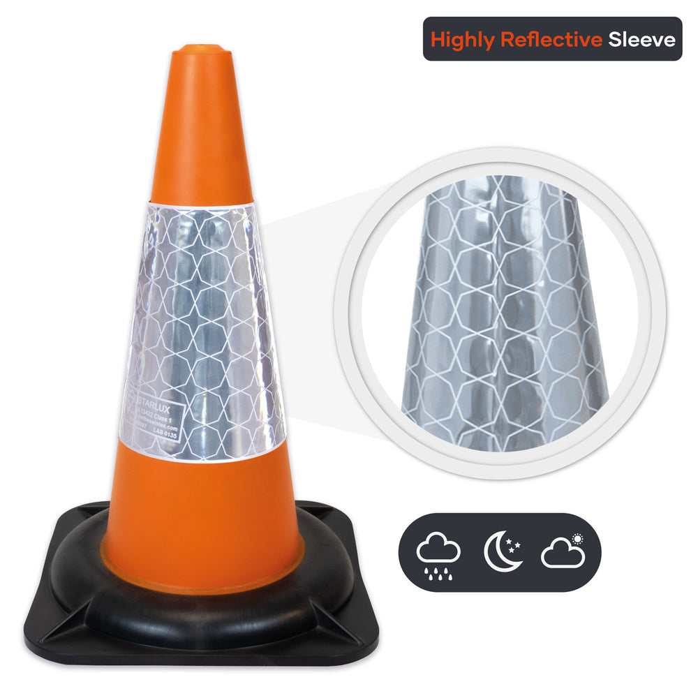 orange-460mm-eco-traffic-cone-road-safety-construction-reflective-uk-compliant-PVC-regulations-high-visibility-vehicle-control-demarcation-barrier-site-safety-events-sports-industrial-airports-schools-festivals-parking-lot-roadworks-starlux-prismatic-sleeve-customisable-weatherproof