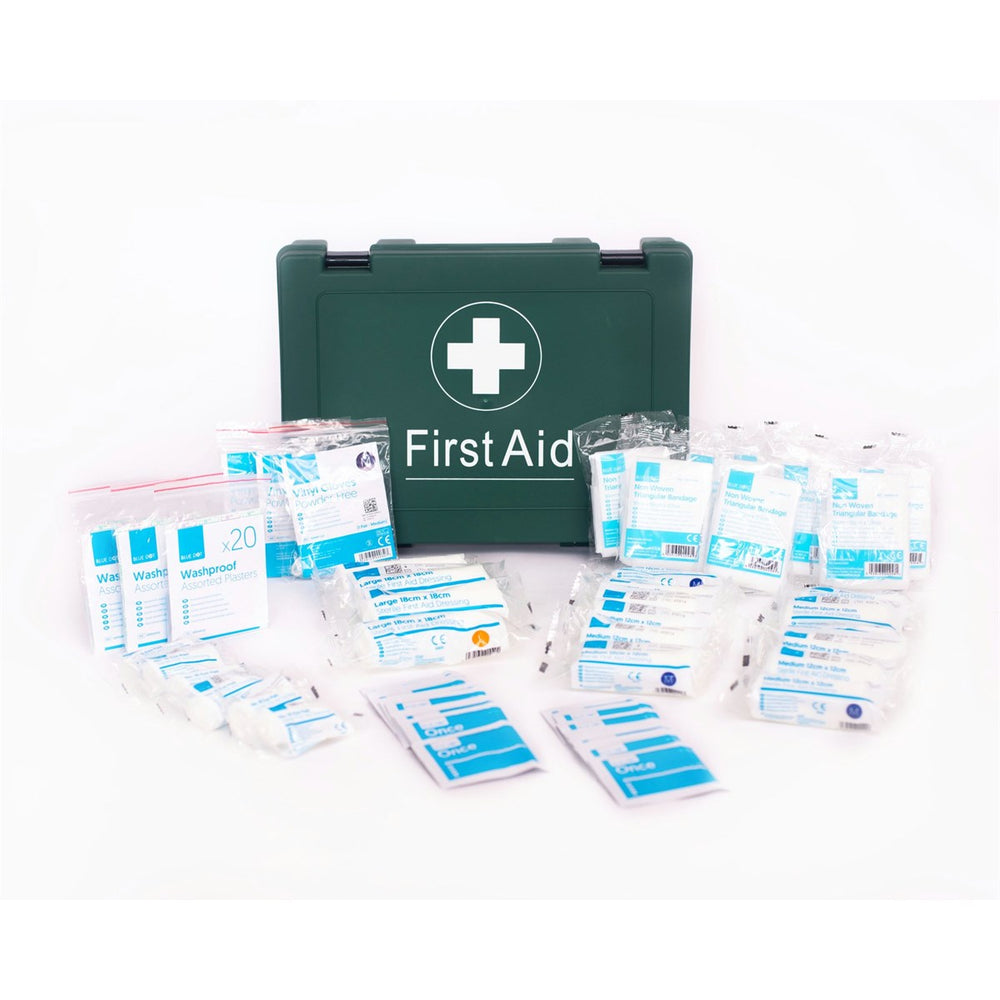 50-Person Workplace & Statutory HSE Compliant First Aid Kit in green casing. Ideal for medium-high risk areas: shops, offices, warehouses. Covers burns, eyewash, biohazards. Suitable for up to 50 people.