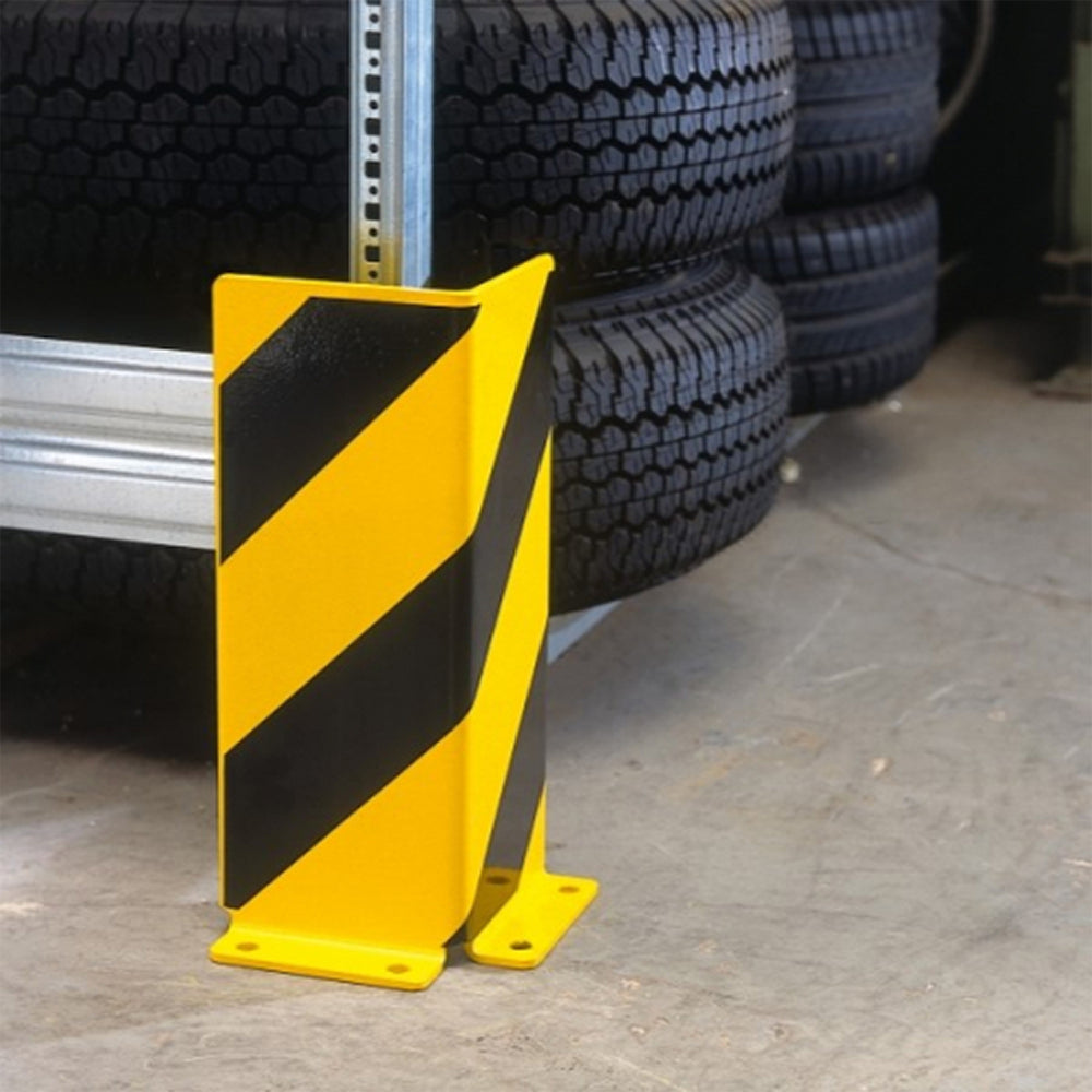 Pallet rack end frame protectors Right-angle profile 400mmH 5mm gauge Yellow/Black Heavy-duty Industrial Warehouse Safety Durable