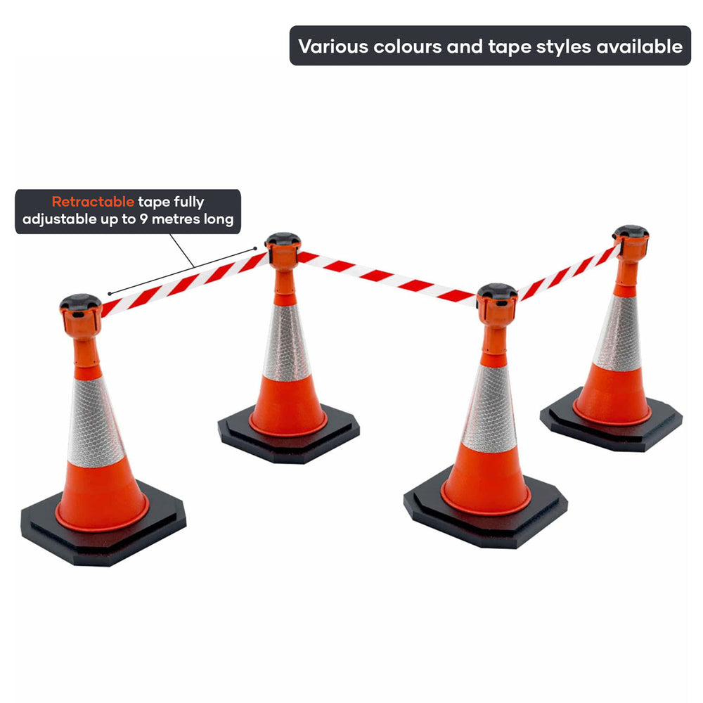 Retractable-barrier-cone-kit-Skipper-TM-traffic-safety-cone-retractable-tape-barrier-high-visibility-events-reflective-belt-portable-temporary-heavy-duty-pvc-orange-warehouse-road-37m--4-cone-kit