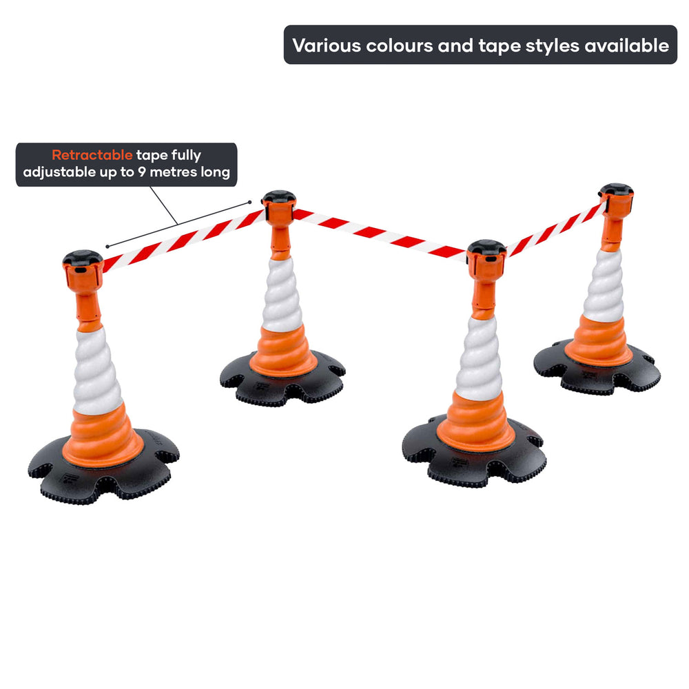 Skipper TM retractable 9 metre tape barrier system orange caution danger red green white blue yellow black reflective high visibility queue management traffic cone crowd flow control events safety belt roadworks guardrail security roadside restraint