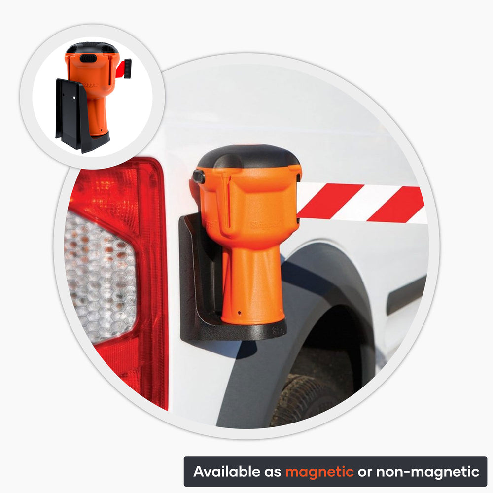 Skipper-TM-Wall-bracket-support-holder-barricade-retractable-barrier-mount-fixing-magnetic-permament-installation-safety-tape-belt-warning-hazard-warehouse-events