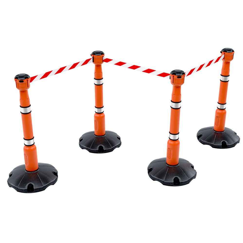 Skipper TM barrier system retractable solutions post and base queue management crowd control safety belt barriers features advantages technology events cassette space utilization applications portable tape warehouse