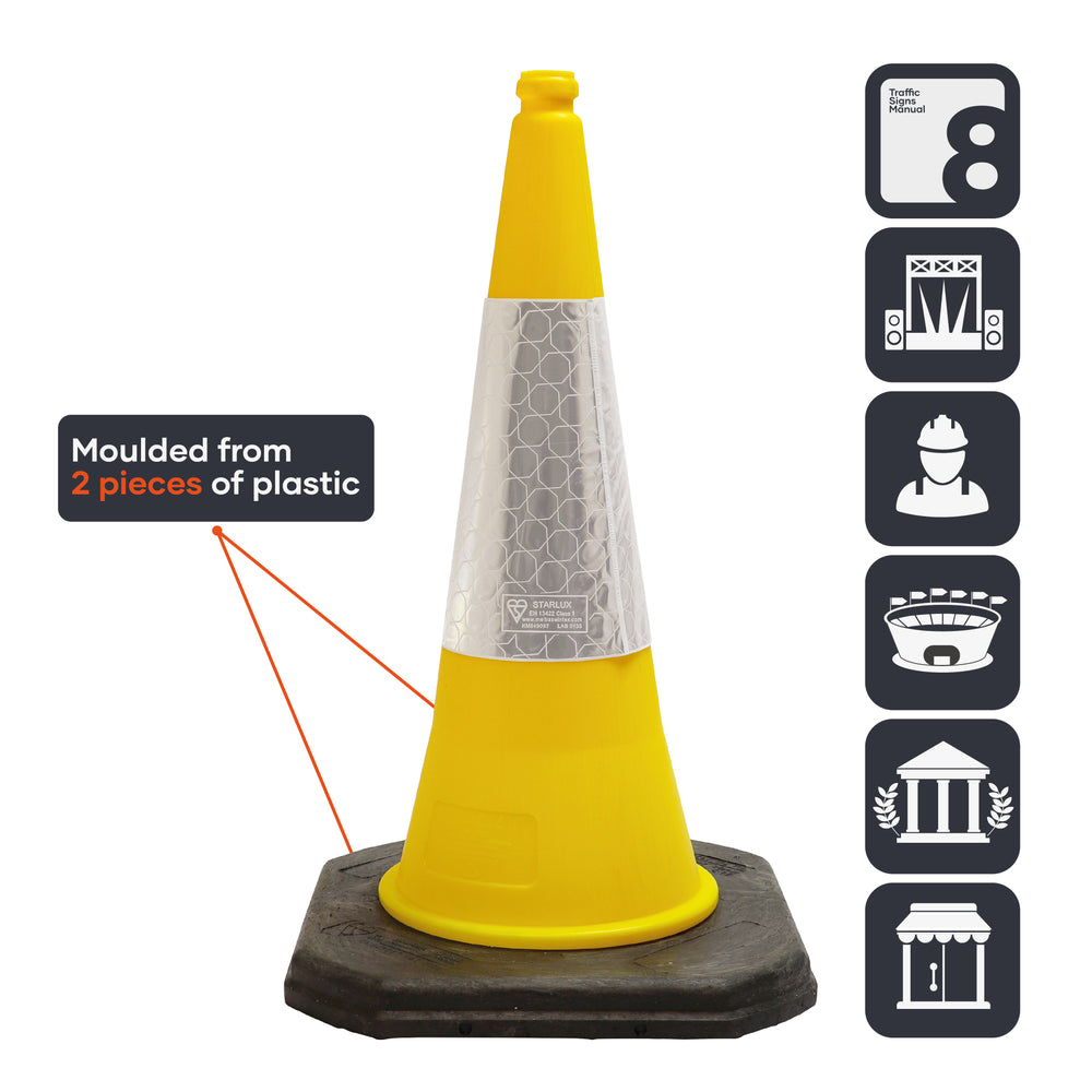 yellow 750mm 75cm road street traffic safety cone highway use uk 2 piece starlite