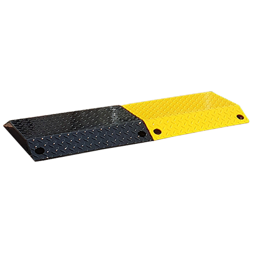 titan-steel-speed-ramp-bump-black-yellow-parking-lot-traffic-control-industrial-hgv-vehicle-suitable-heavy-duty-robust-durable-modular-high-visibility-road-low-profile-welded-metal-hot-dip-galvanised-reusable-cable-hose-ramp-shopping-centres-railway-waste-centres-low-maintenance