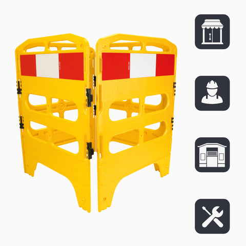 Yellow utility barrier, safety and construction work zone barrier, caution tape and protective fencing for traffic and hazard management man hole roadworks event pedestrian