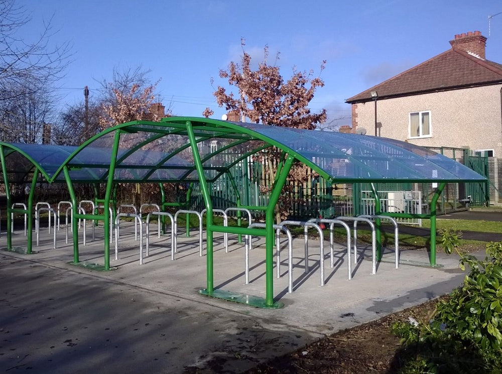 Cycle shelter Cambourne shelter Bike storage Galvanized steel shelter Self-supporting On-site assembly Single-sided PET sheeting shelter Mild steel frame Clear sheet roof