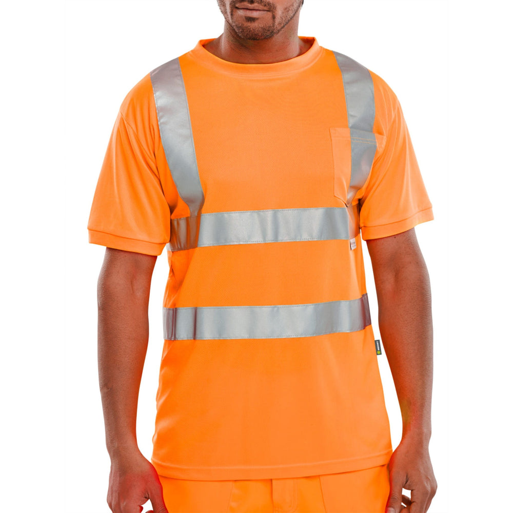 Orange Crew Neck Hi-Vis Short Sleeve T-shirt: High Visibility Tee with 100% Bird Eye Polyester Fabric