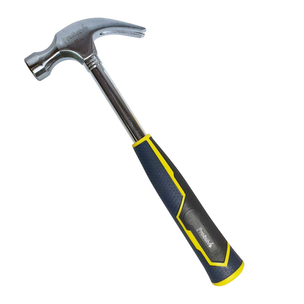 High-quality curved claw hammer with balanced design for optimal control and striking force. Features a high-impact handle for enhanced grip and durability. Heat-treated 16oz steel hammer with non-slip handle.