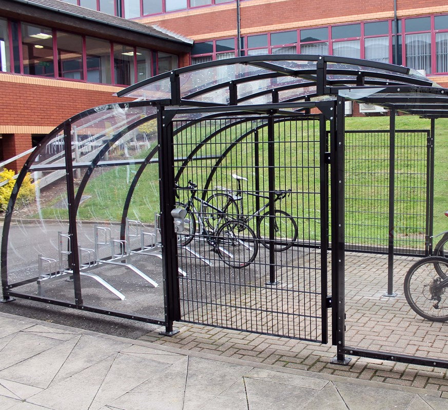 Cycle compound secure stand-free Stratford compound for cycle bike storage offering secure bike and cycle parking Access control Anti-theft Weather-resistant Durable Multi-bike storage Steel construction Covered bike parking Cycle shelter Bike shelter Space-saving