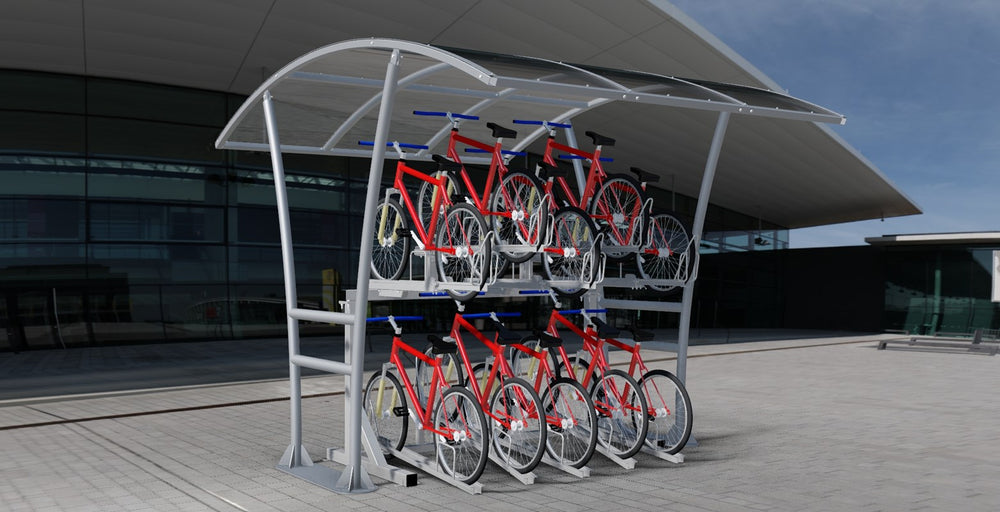 Double Stack Cycle Rack, vertical bike storage, space-saving, high density cycle parking, steel construction, easy to use, secure bike storage, staggered holders, commercial bike rack.
