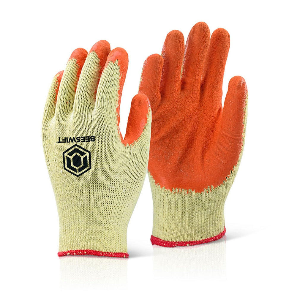 Economy Orange Rubber Grip Gloves (Pack of 10 Pairs) - Multi-purpose gloves with natural rubber-coated palms for excellent grip. Knitted back for breathability. Size: Large. Complies with EN388:2016 standards.