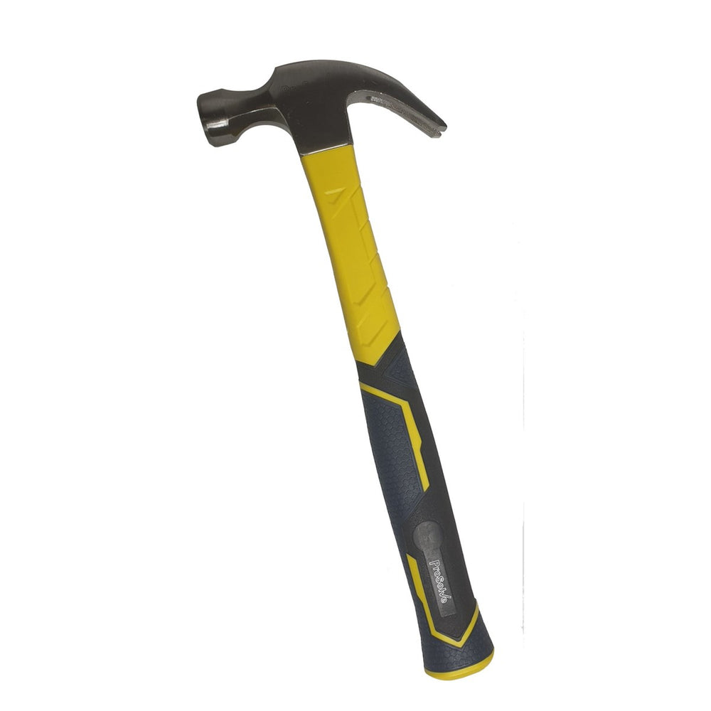 High-impact steel claw hammer featuring a shock-absorbent shaft for secure grip and visibility in busy work areas. Fibreglass handle minimizes fatigue and increases shock absorption. Hammer head crafted from drop-forged, heat-treated hardened steel for durability.