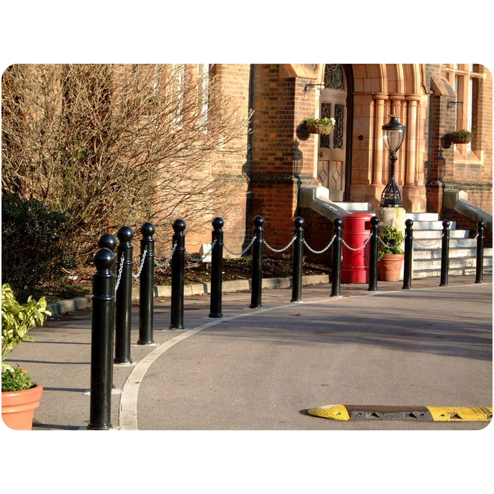 galvanised-steel-ornamental-bollard-spherical-cast-iron-cap-powder-coated-black-anti-parking-impact-protection-access-control-security-detterent-posts-bolt-down-ragged-flanged-concrete-in-durable-weather-resistant-rigid