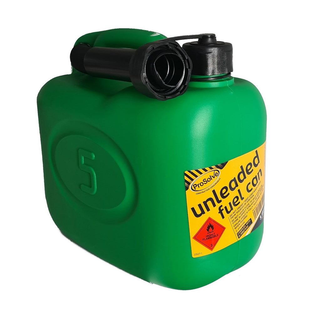 Green 5 litre plastic fuel can is a must-have on any construction site. Color-coded for safe fuel identification, it comes with a safety cap and easy pour spout, preventing spills. Compliant with S.I. 1982/630. Get yours now!