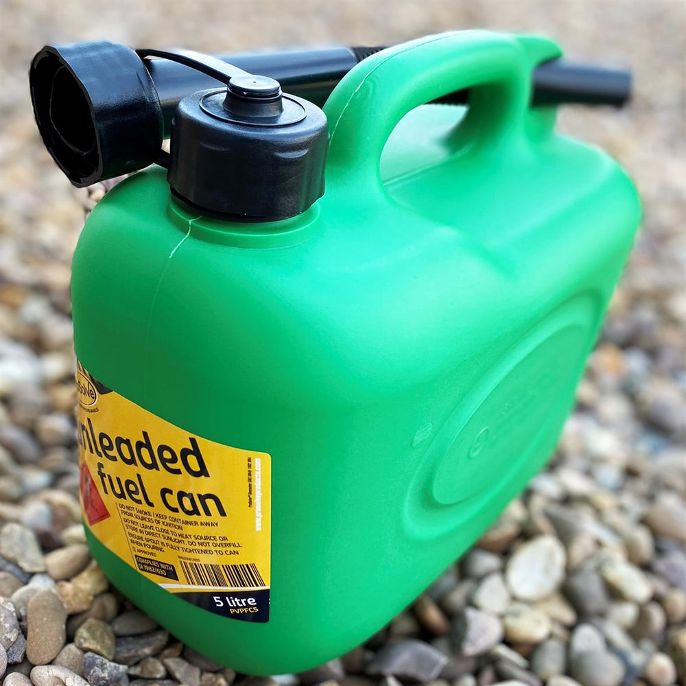 Green 5 litre plastic fuel can is a vital asset on construction sites. Color-coded for fuel safety, it features a safety cap and easy pour spout, preventing spills. Complies with S.I. 1982/630. Get yours now!