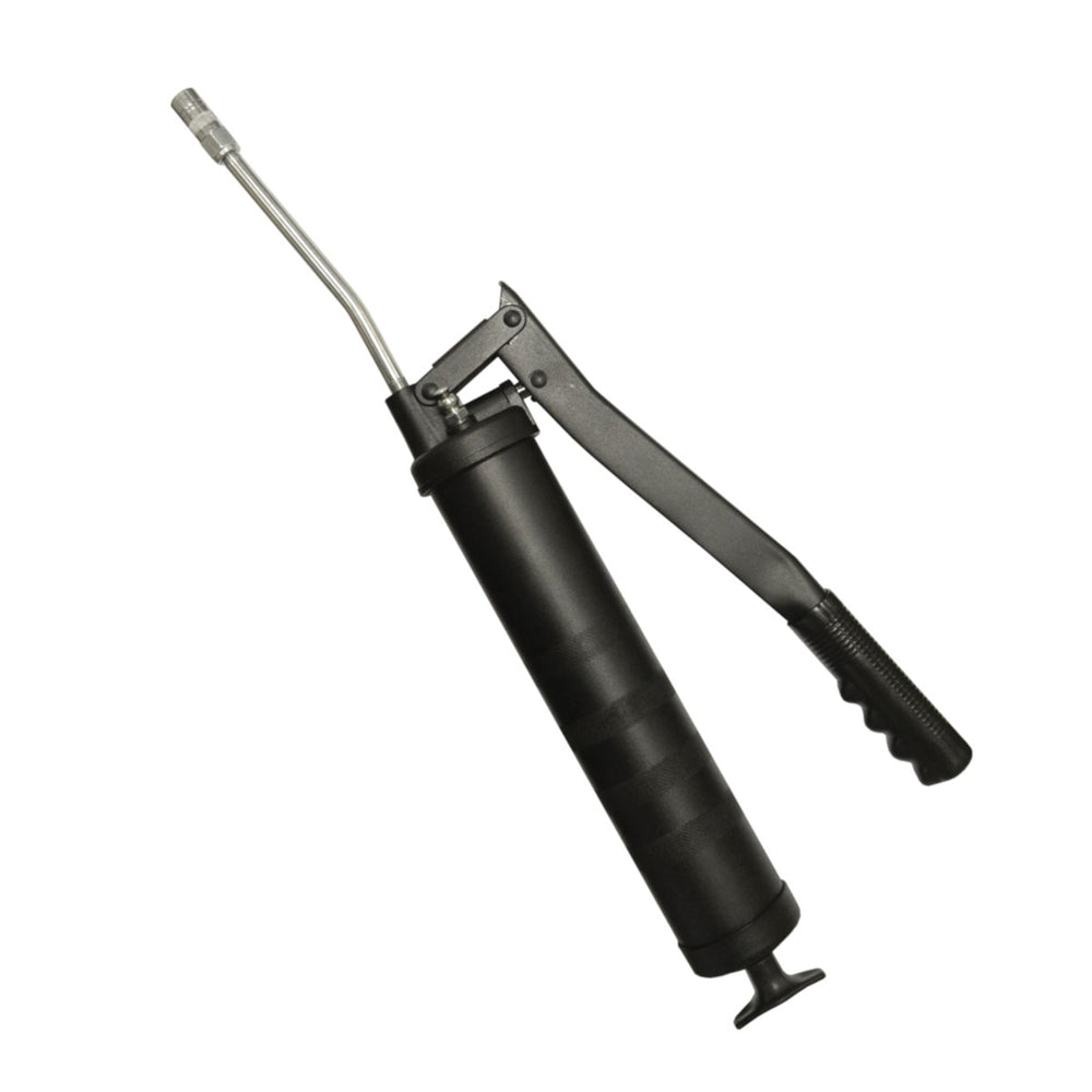 High-quality Lever Type Grease Gun for 400g EP2 Grease Cartridge. Includes 12” flex hose. Black color. Universal Grease Gun. Ideal for heavy-duty applications.