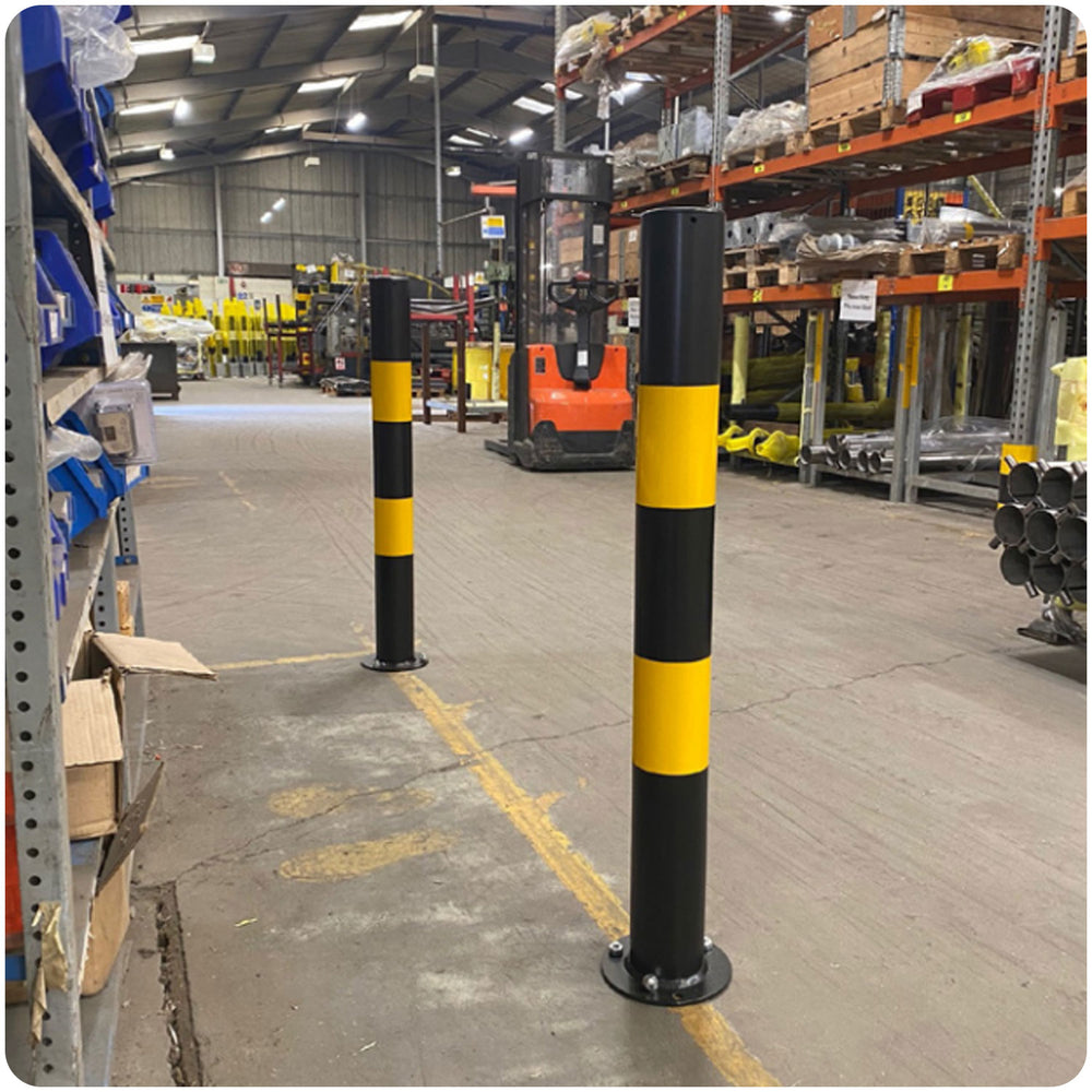 1500mm-high-visibility-safety-bollards-warehouse-industrial-traffic-forklift-bollard-crash-collision-prevention-impact-resistant-durable-galvanised-steel-black-yellow-pedestrian-equipment-perimeter-guards-reflective-heavy-duty