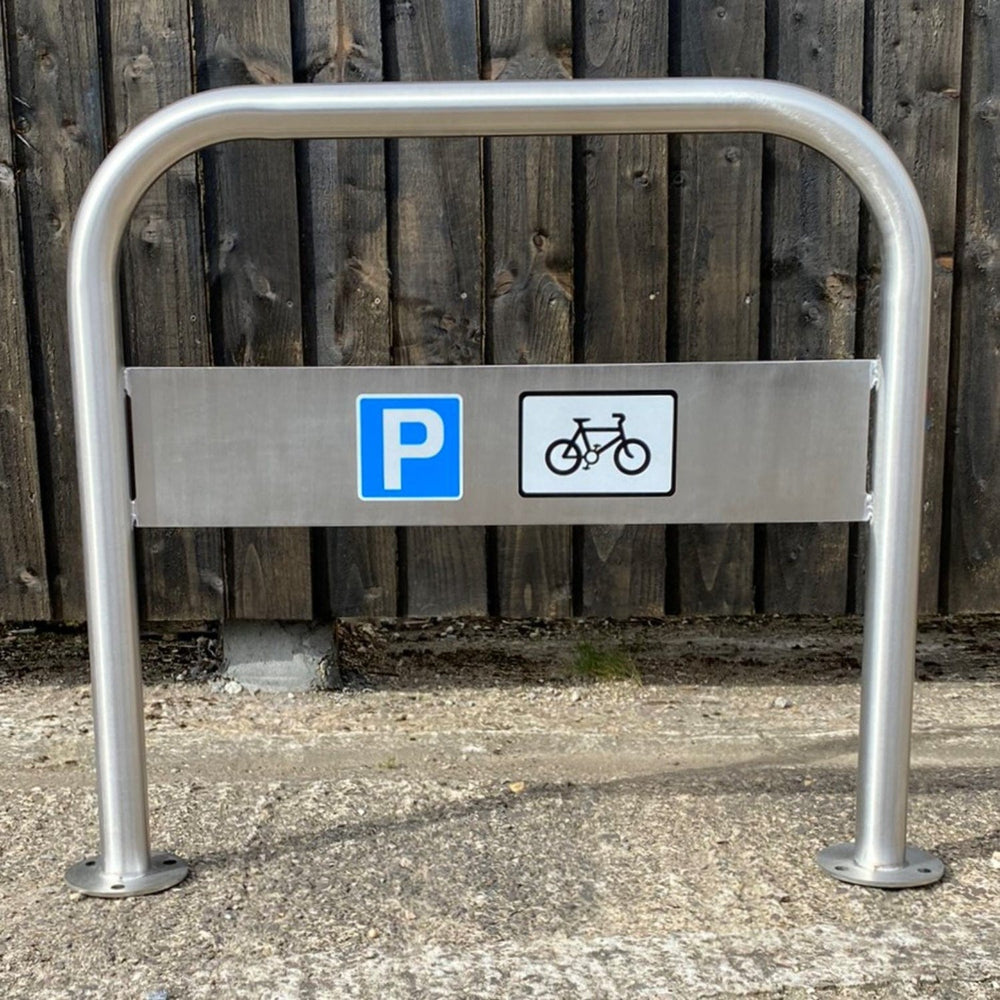 Hillmorton cycle stand with integrated signage for secure bike parking.