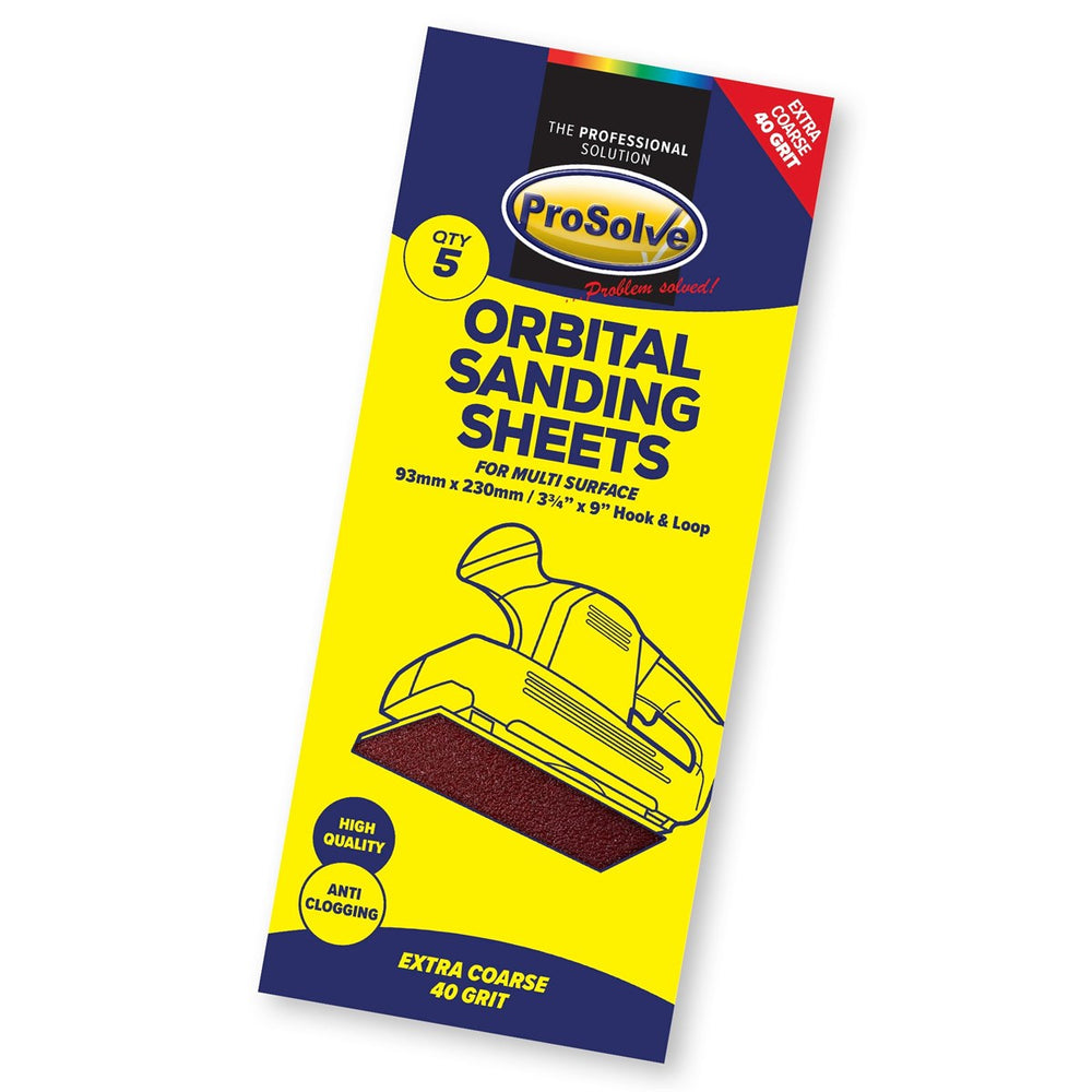 Orbital sanding sheets, 93mm x 230mm, punched to fit various orbital sanders, packed in 10’s. Made from Aluminium-Oxide, available in grits (40, 60, 80, and 120), featuring anti-clogging technology for longevity. Heavy-duty paper for efficient sanding on wood, metals, fillers, primers, and paint, with a D-weight backing paper for durability and smooth finish.