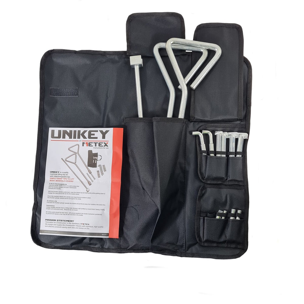 Unikey kit with convenient carry case, two handles, and interchangeable tips for versatile manhole cover access. Zinc-plated carbon steel construction ensures durability. Includes 2 x 440mm handles with changeable tips.