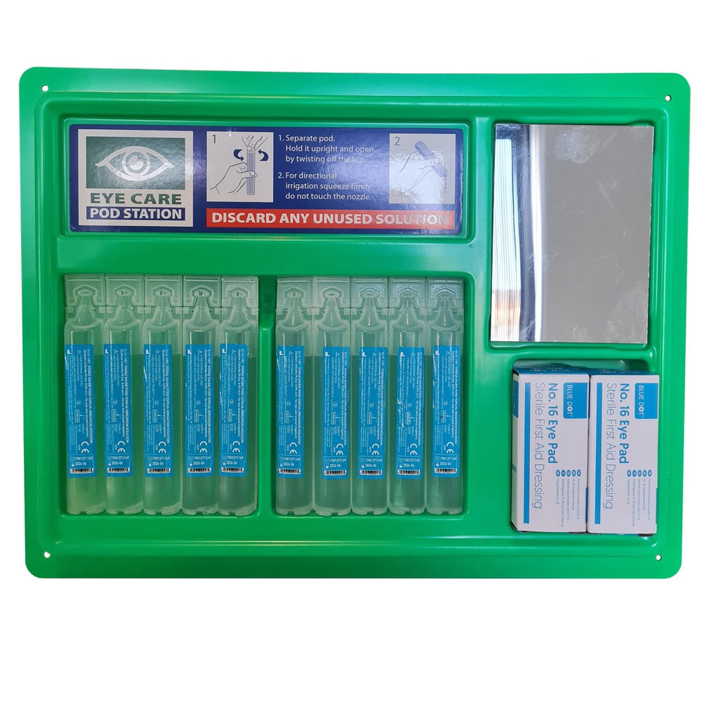 Ensure workplace safety with this wall-mountable eye wash station, meeting HSE Eye Wash Guidelines. Includes 10 sterile saline solution eye pods, 2 sterile eye pad dressings, and a mirror for easy application. Compliant design for prompt eye care in any environment.