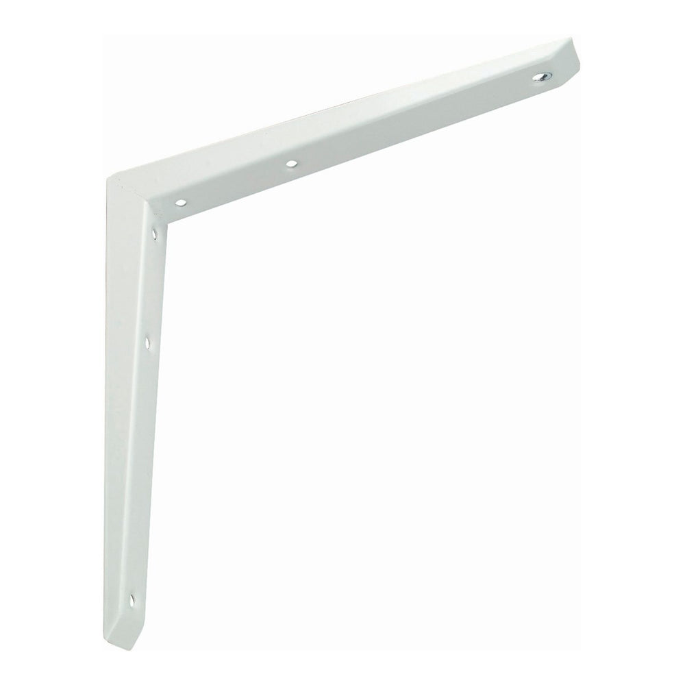 White heavy-duty bracket with mitred joint for added support. Ideal for commercial and domestic use, powder coated for durability. Supports up to 100kg, providing sturdy heavy-duty support for shelves.