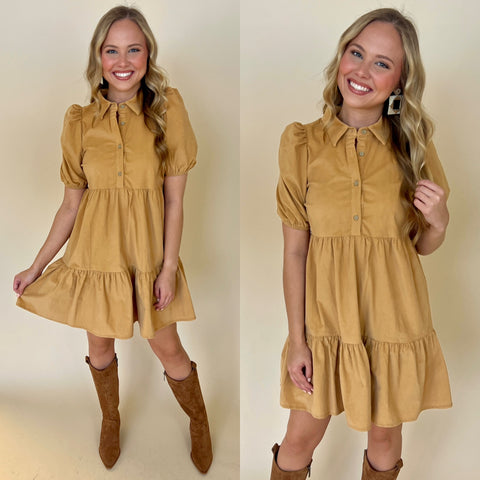beige corduroy collared dress paired with tall brown cowboy boots