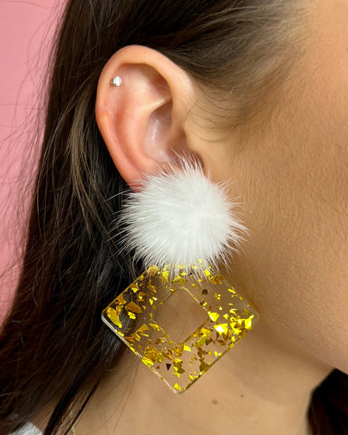 fuzzy white and gold earrings