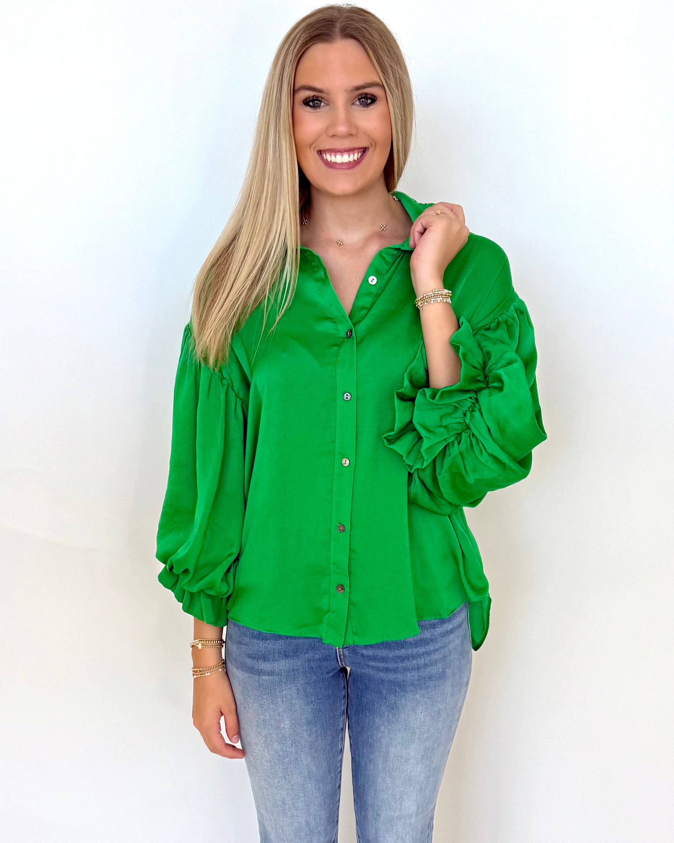 Till Dusk Kelly Green Button Up Top