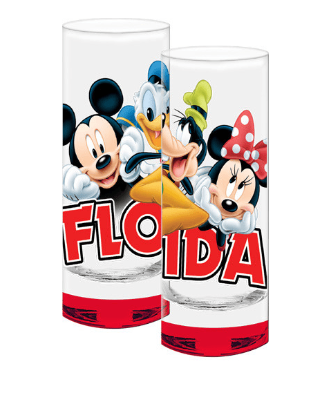 MICKEY MOUSE DISNEY TALL SHOT GLASS WITH BLUE BOTTOM - 4 TALL - NEW