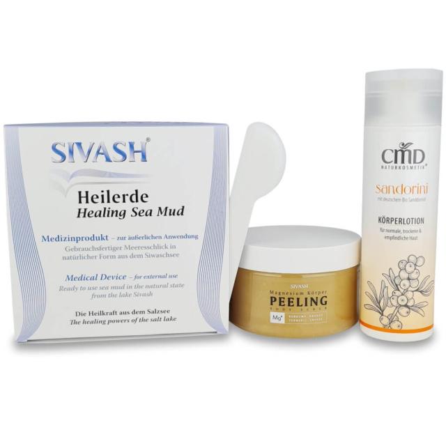 Set für Hautstraffung bestehend aus Heilerde, Magnesiumpeeling mit Kurkuma, Orange, Hyaluronsäure und Sandorini Körperlotion