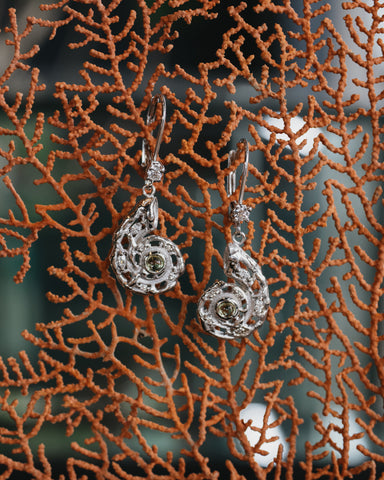 Ocean themed earrings on a coral background