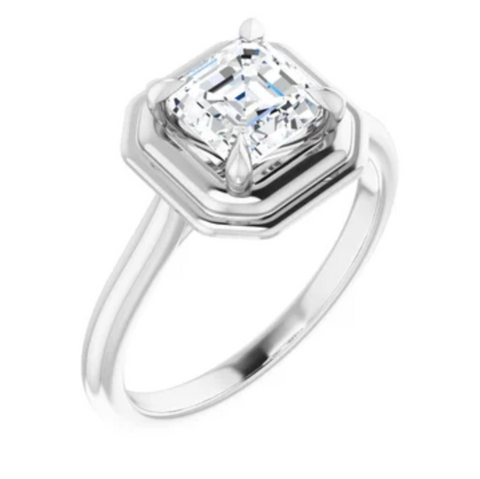 Picture frame solitare engagement ring with asscher cut diamond center