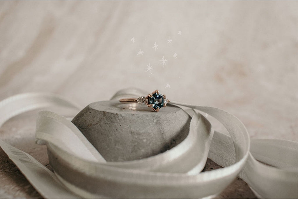 hexagon blue sapphire custom diamond engagement ring