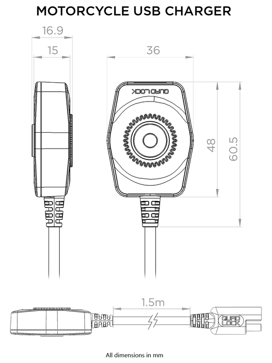 Technical drawing of the Quad Lock USB Charger