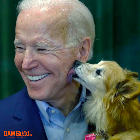 Joe Biden and a dog wearing a DawgTag