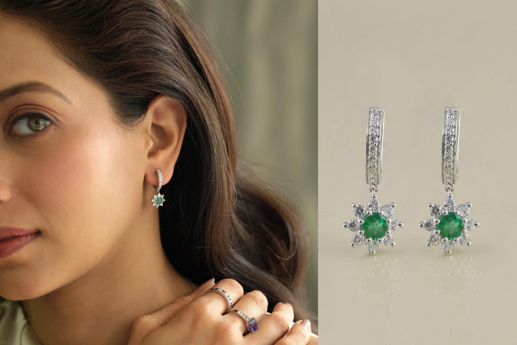 gold diamond and emerald dangler earrings
