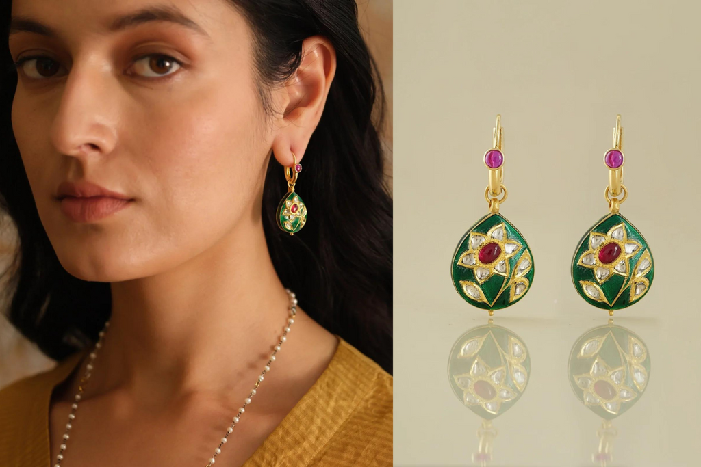 gold diamond and enamel indian earrings