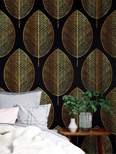 Gold Leave Autumn Pattern Peel and Stick Wallpaper | Removable Wall ...