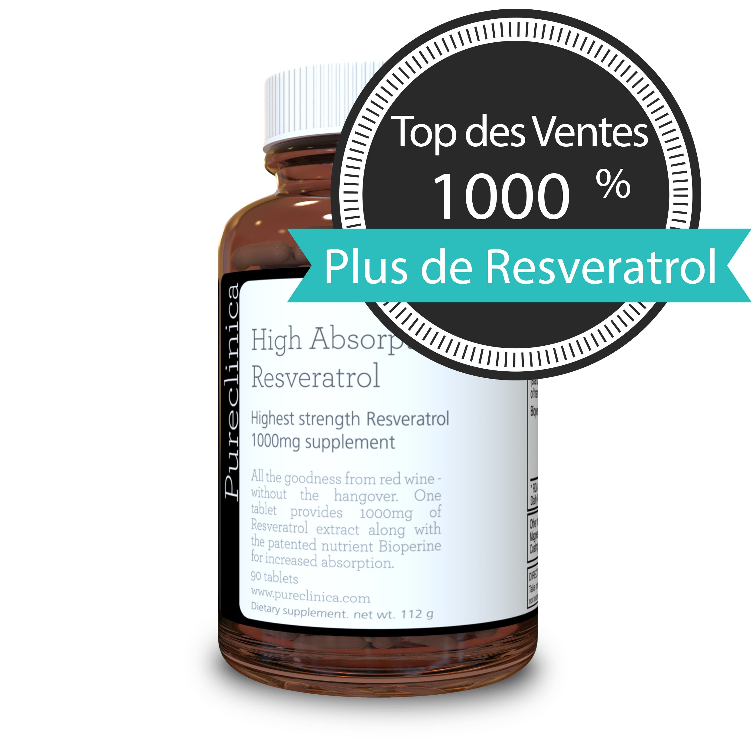 Resvératrol 1000 mg x 90 comprimés - 50% trans-resvératrol – Forte Absorption - frpureclinicacom product image