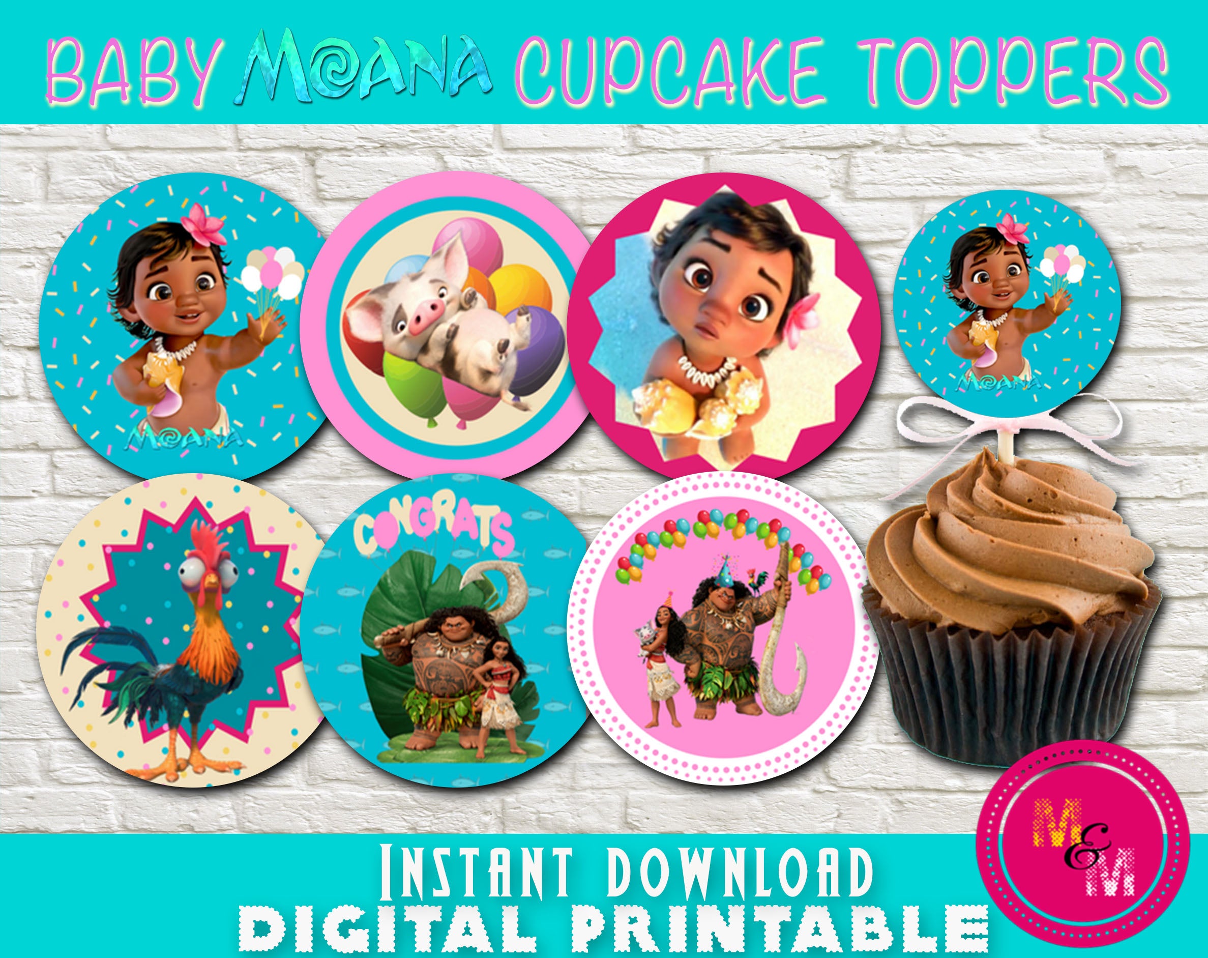 Baby Moana Cupcake Toppers Baby Moana Party Maui Party Mugandmousedesigns