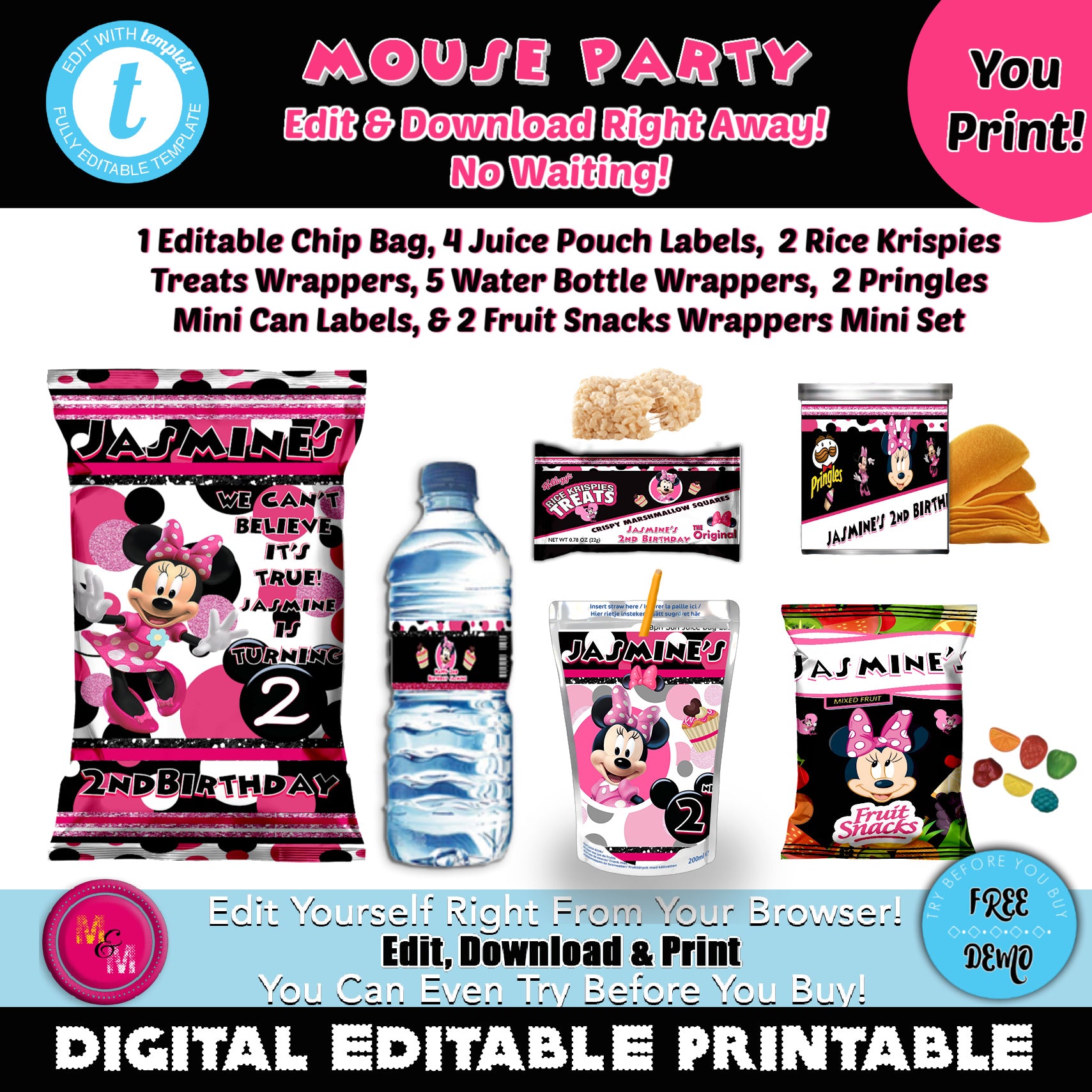 Minnie Mouse Party Drink Labels Printable Minnie Water Bottle