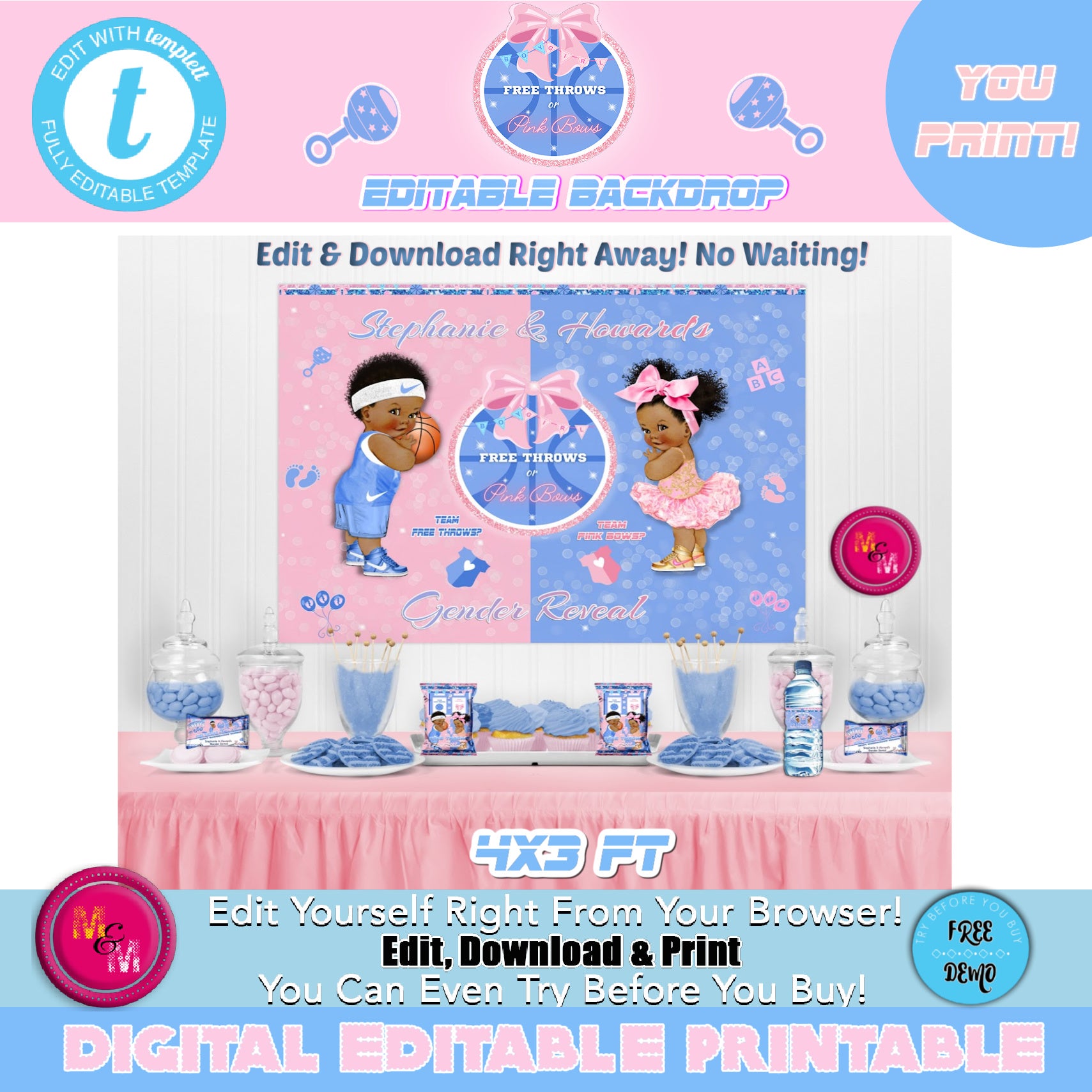 Allenjoy Gender Reveal Free Throws or Pink Bows Backdrop