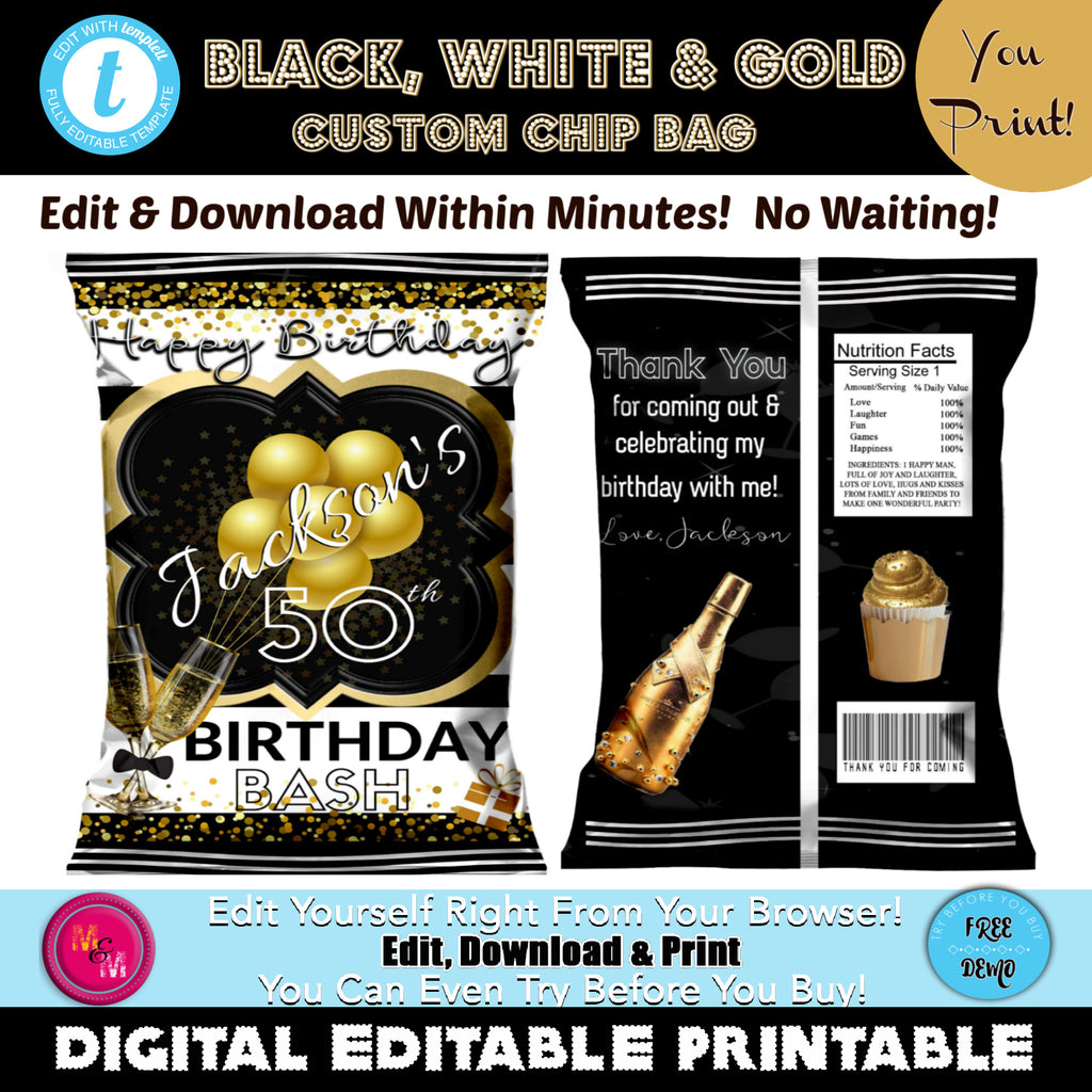 Editable Black, White & Gold Thank You Favor Tags Printable, Black