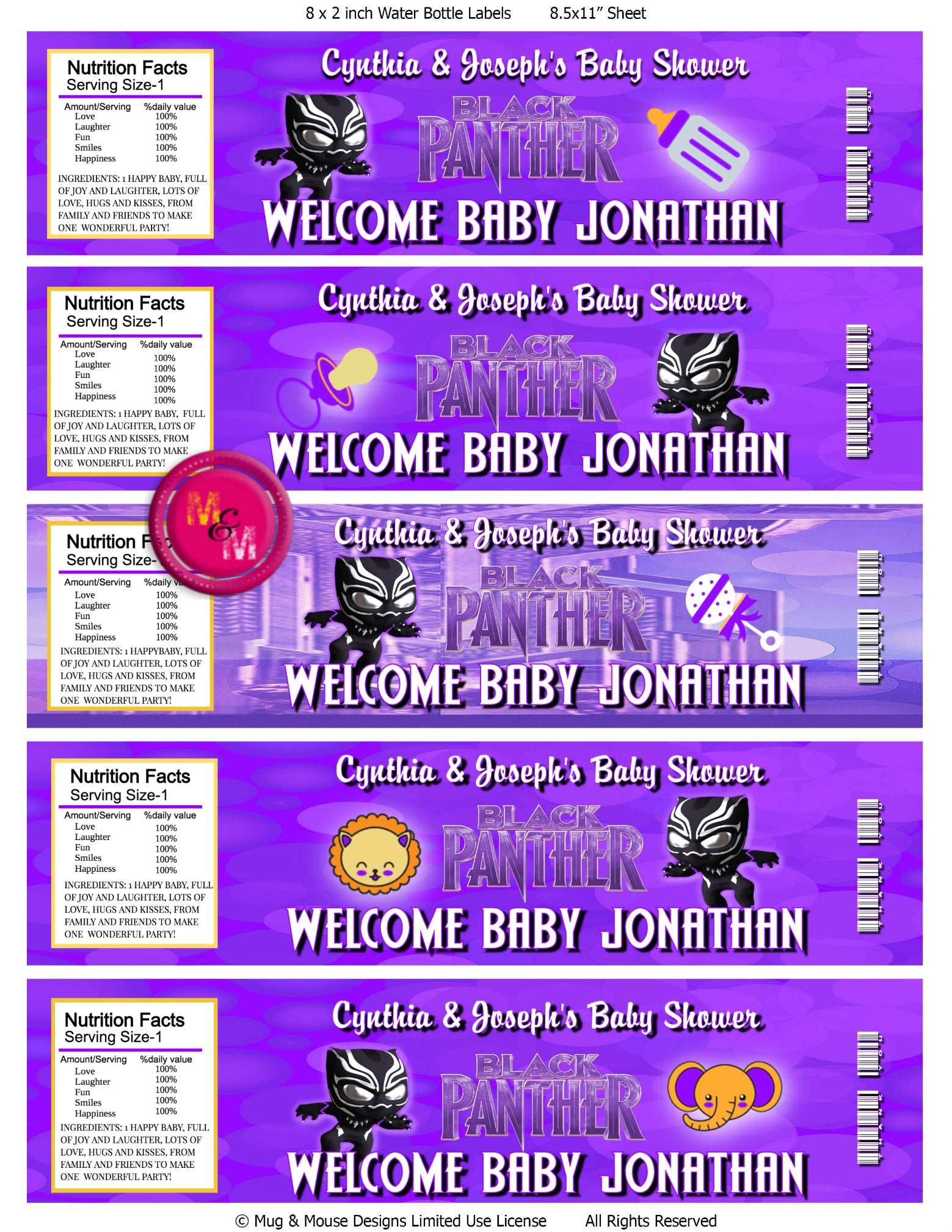 Editable Purple Black Panther Baby Shower Supplies Set Mugandmousedesigns